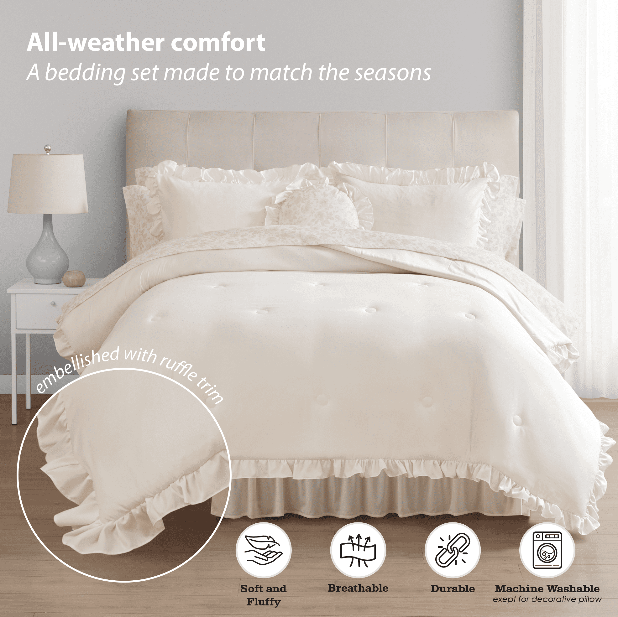 Mainstays 11-Piece Bed in a Bag Comforter Set with Sheets, Cream Ruffle, Queen