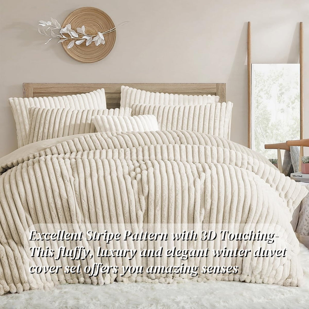 JOLUSERE Beige Fluffy Striped Duvet Cover Queen Set, 3-Piece Super Soft Faux Rabbit Fur Winter Warm Fuzzy Comforter Cover