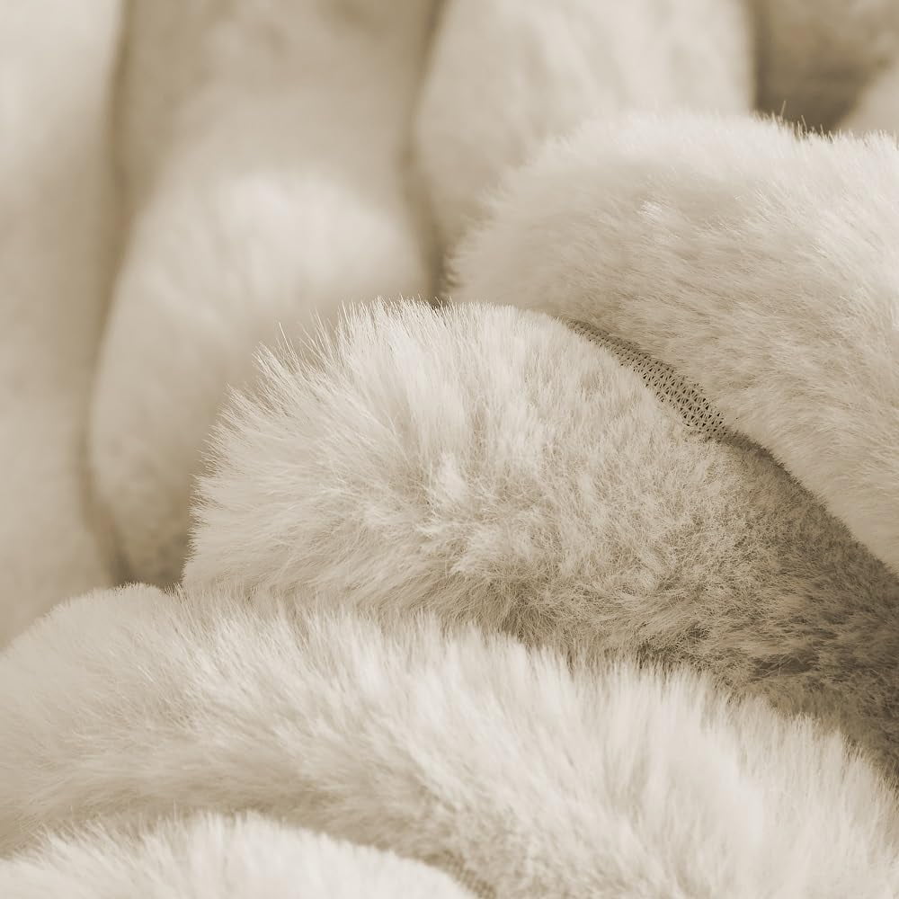 JOLUSERE Beige Fluffy Striped Duvet Cover Queen Set, 3-Piece Super Soft Faux Rabbit Fur Winter Warm Fuzzy Comforter Cover