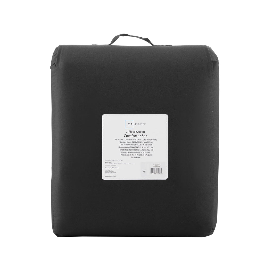 Mainstays 7-Piece Down Alternative Bed in a Bag Comforter Set, Black, Queen