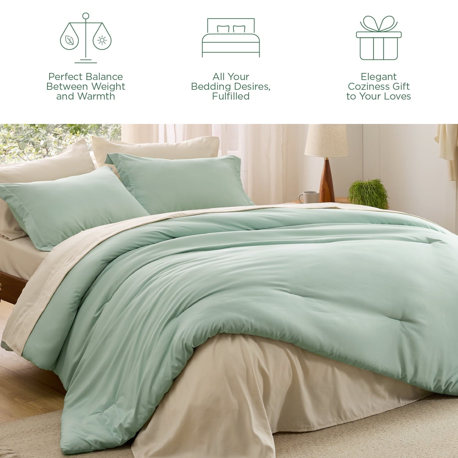Queen Comforter Set Sage Green, 7 Pieces Soft Comforter with Sheets, Pillowcases & Shams, All Season Boho, Contrasting Design, 80GSM