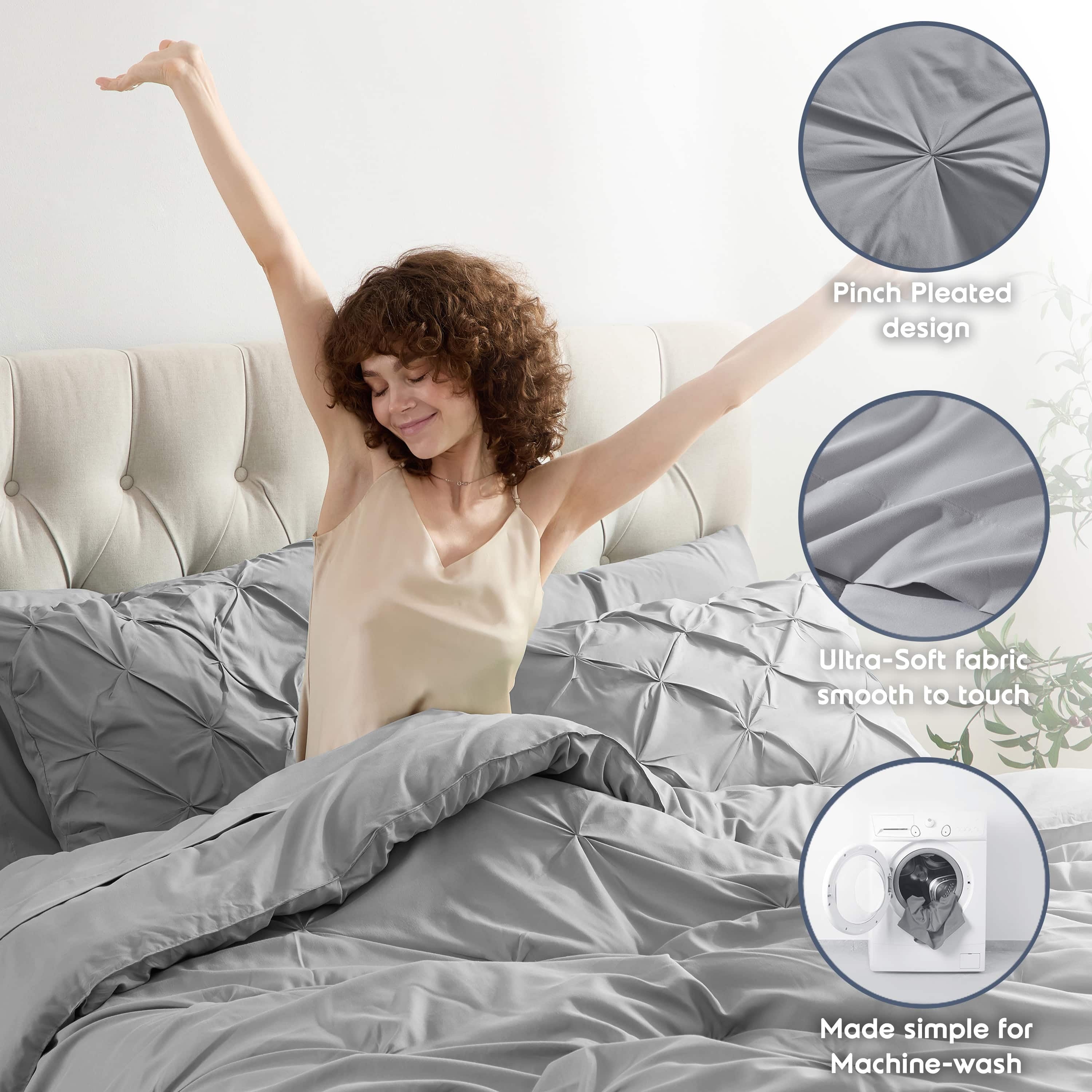 Virtu Queen Comforter Set, 7pc Bed in a Bag, Pleated Bedding Comforter Sets Queen, Gray/Silver