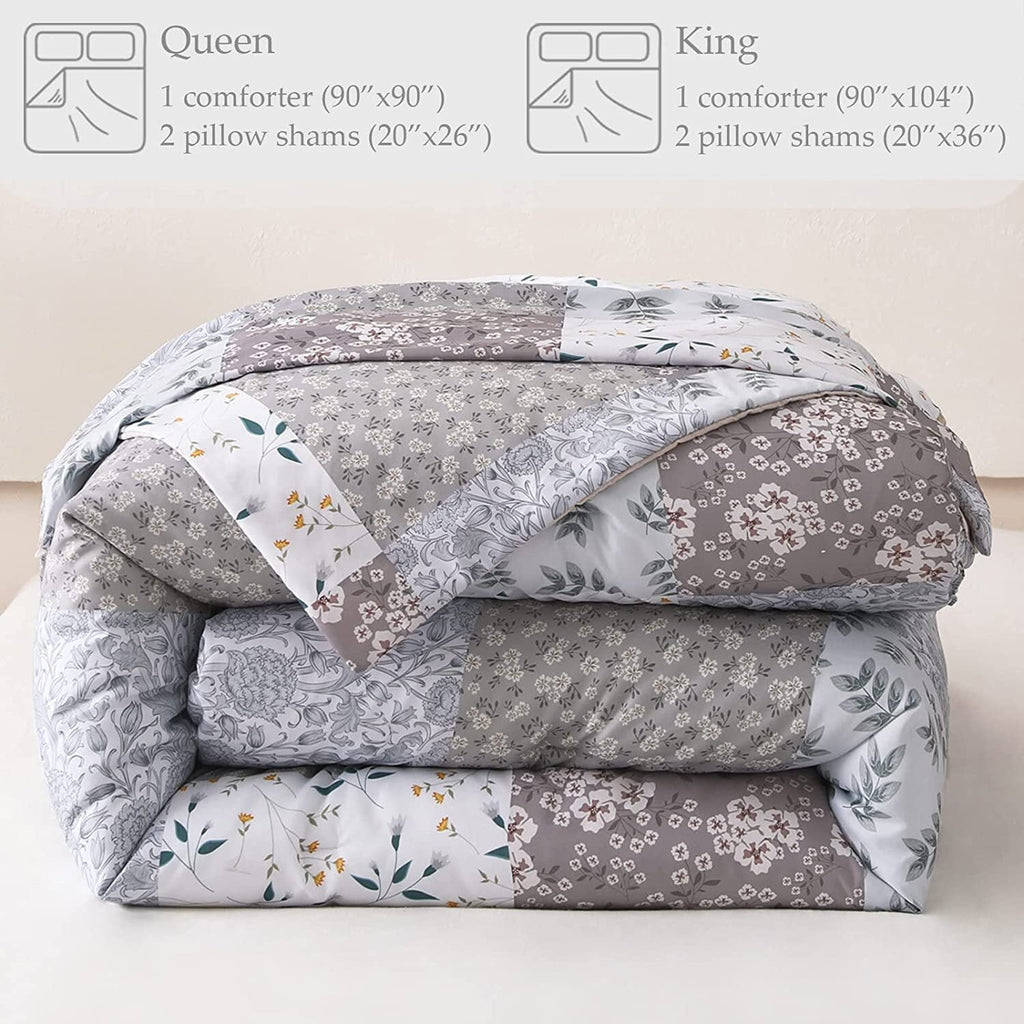 Whale Flotilla 3-Piece King Comforter Set, Soft Reversible Bedding Comforter Sets, Patchwork Printed Down Alternative Comforter Duvet for All Seasons, Grey