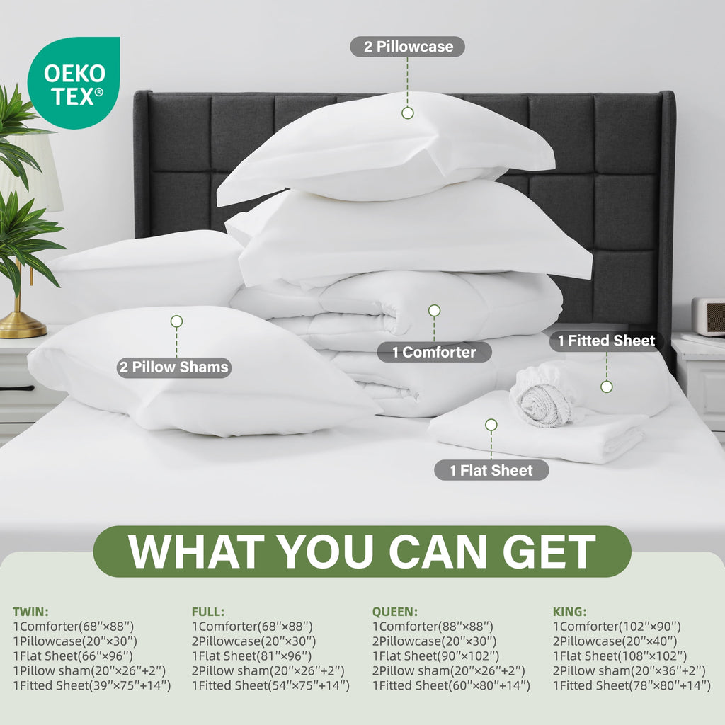 Vccoem 7 Piece Comforter Set Queen Size, All Season Bed in a Bag, Ultra Soft Bedding with Comforter, Sheets, Pillowcases & Shams, White