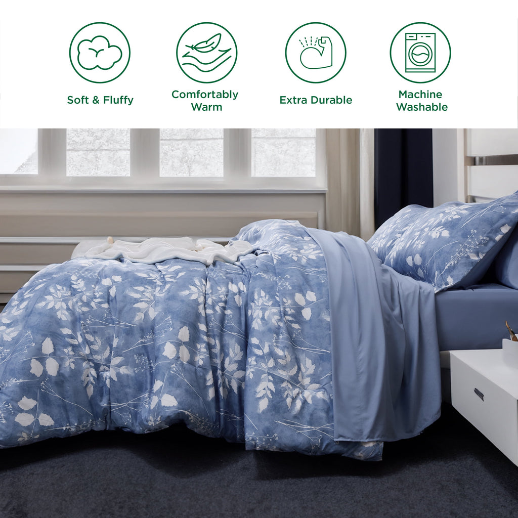U by Bedsure Queen Comforter Set - 7 Pieces Blue Floral Bedding Sets Queen Bed in a Bag with Reversible Botanical Flowers Comforter, Sheets, Pillowcases & Shams (Queen, Blue)