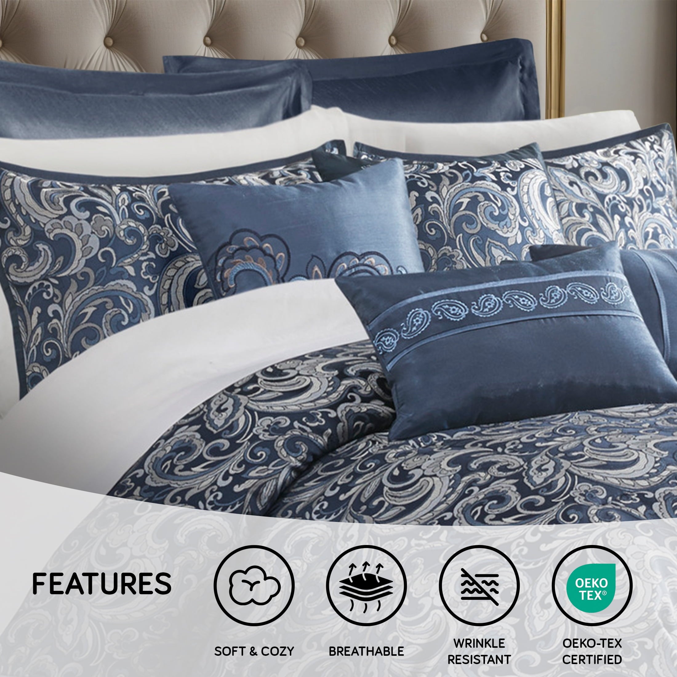 Regency Heights 24PCs Traditional Paisley Jacquard Comforter Set with Window Curtains,Room in a Bag,Queen,24 Pieces-Navy