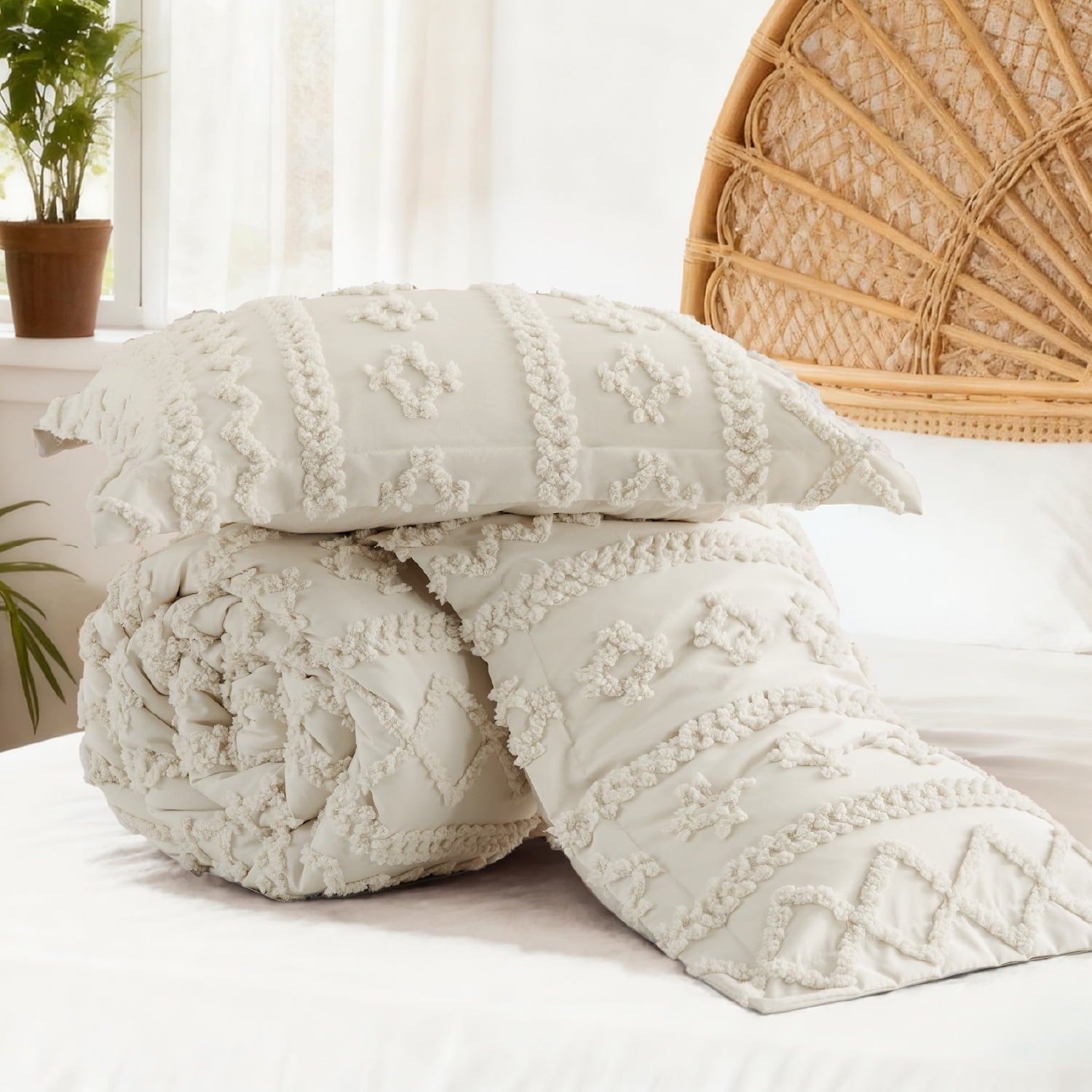 U by Bedsure Tufted Boho Comforter Set Queen, Beige, 3 Pieces Farmhouse Shabby Chic Embroidery Bed Set, Soft Jacquard Comforter for All Seasons