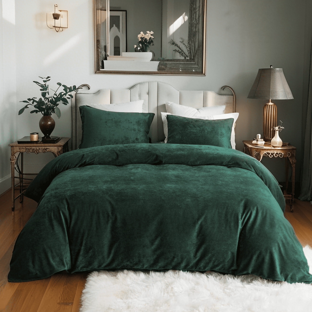 JOLUSERE Dark Green Velvet Duvet Cover King Set, 3-Piece Ultra Soft Fluffy Velvet Winter Bedding Cover