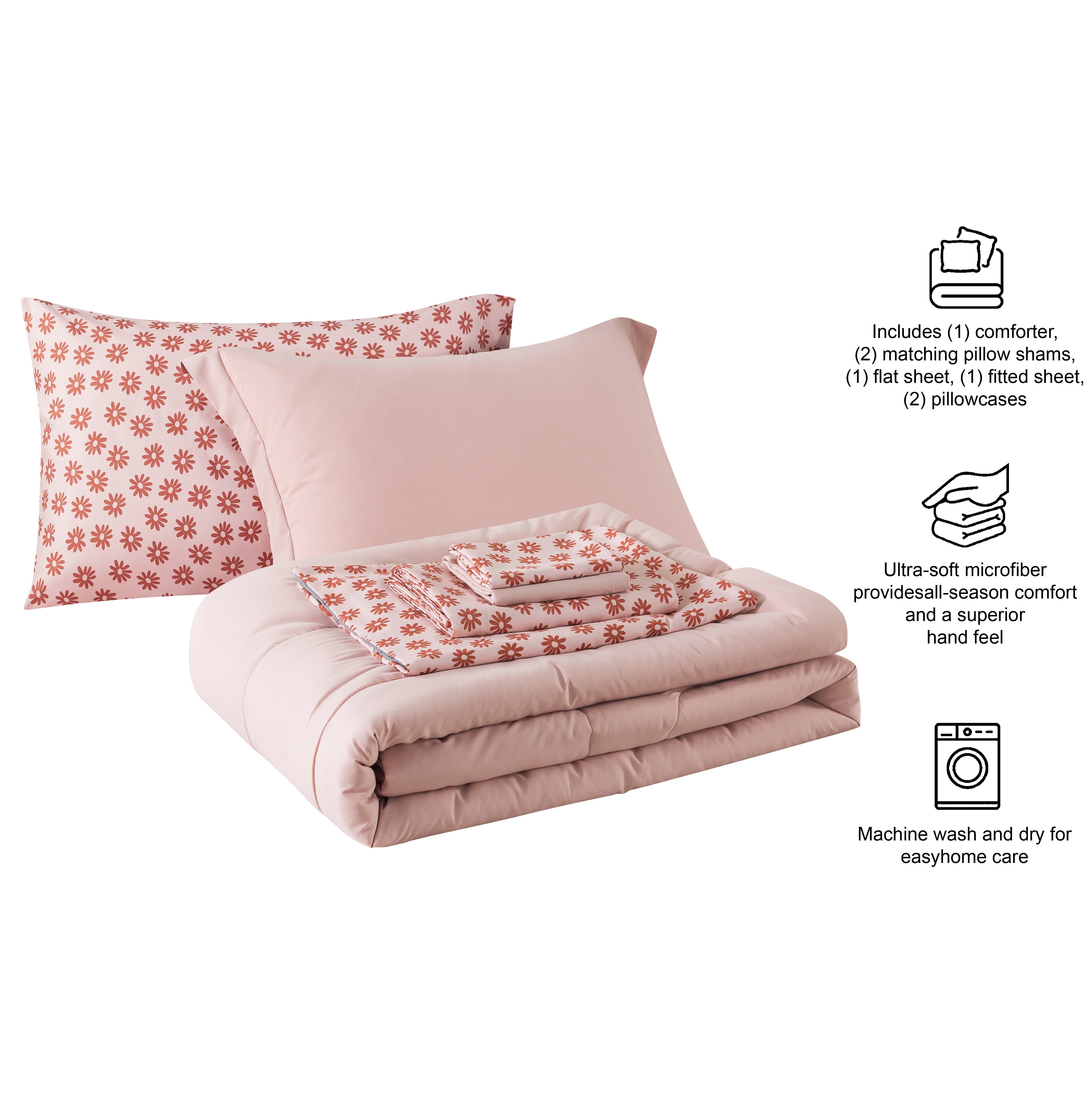 Mainstays 7-Piece Reversible Bed in a Bag Comforter Set with Sheets, Pink, King