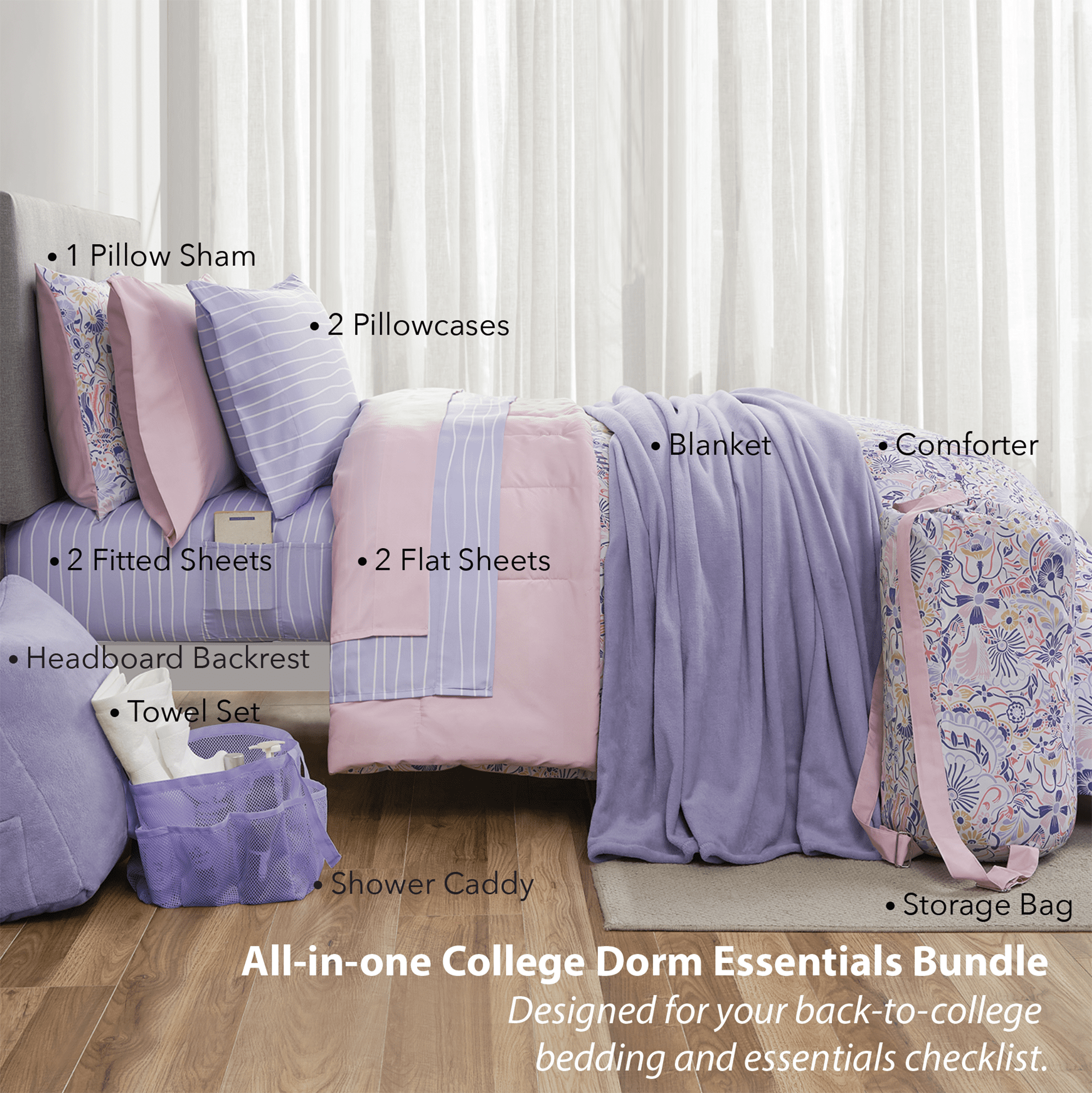 14pc College Dorm Essentials Bundle, Twin-XL, Reversible Bed in a Bag Comforter Set, Purple Floral
