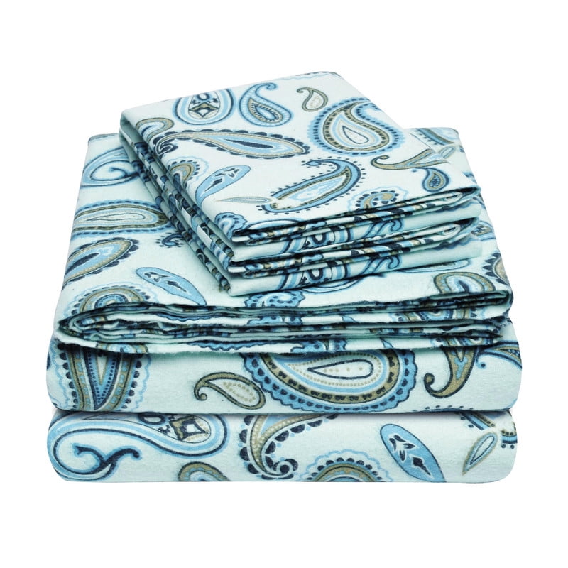 Superior Paisley Flannel Cotton Sheet Set, California King, Light Blue