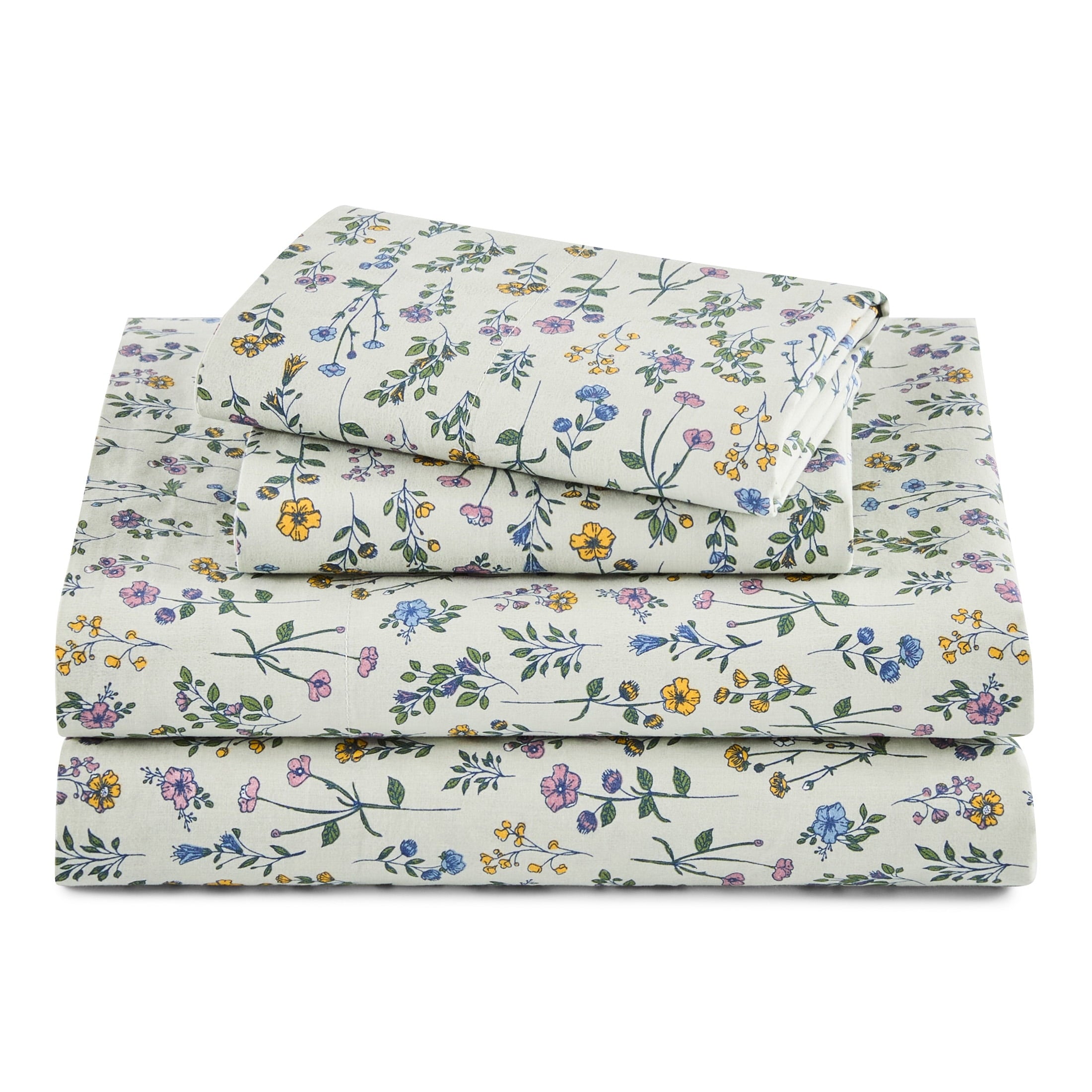 Beautiful Botanical 4-Piece 100% Cotton Washed Percale White Sheet Set, Queen by Drew Barrymore