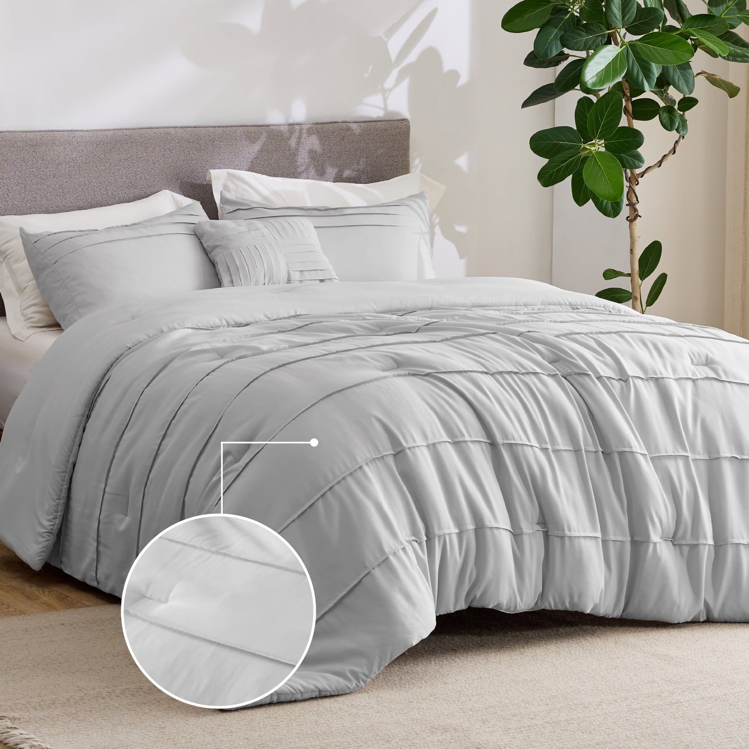 Full Comforter Set with Sheet - 4 Pieces Soft Grey Bedding Sets, Grid Pinch Pleat, All Season Lightweight Fluffy Bed Set with Solid Boho Comforter, Pillowcases & Sheet