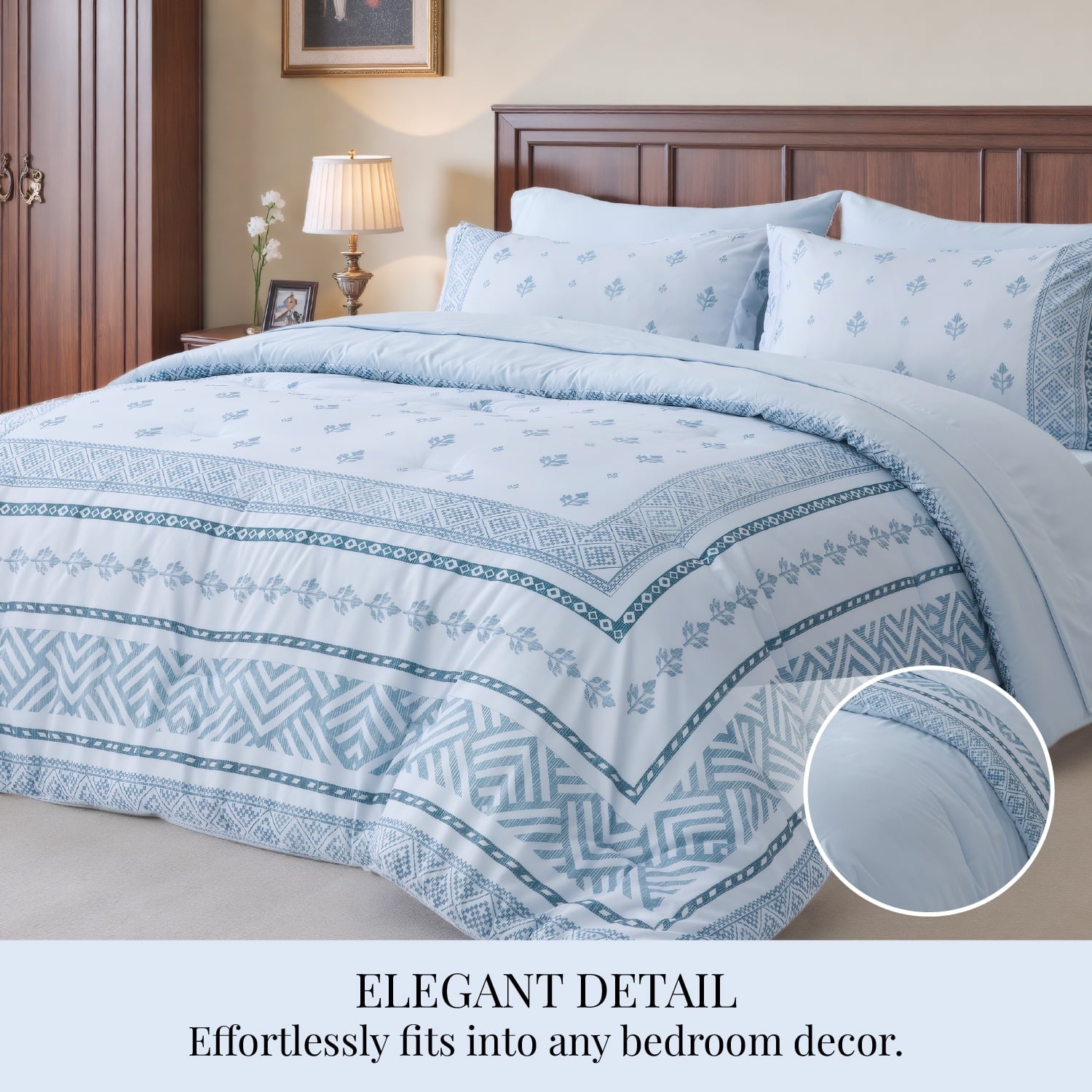 U by Bedsure Queen Comforter Set - 7 Pieces Blue Floral Bedding Sets Queen Bed in a Bag with Reversible Botanical Flowers Comforter, Sheets, Pillowcases & Shams (Queen, Blue)