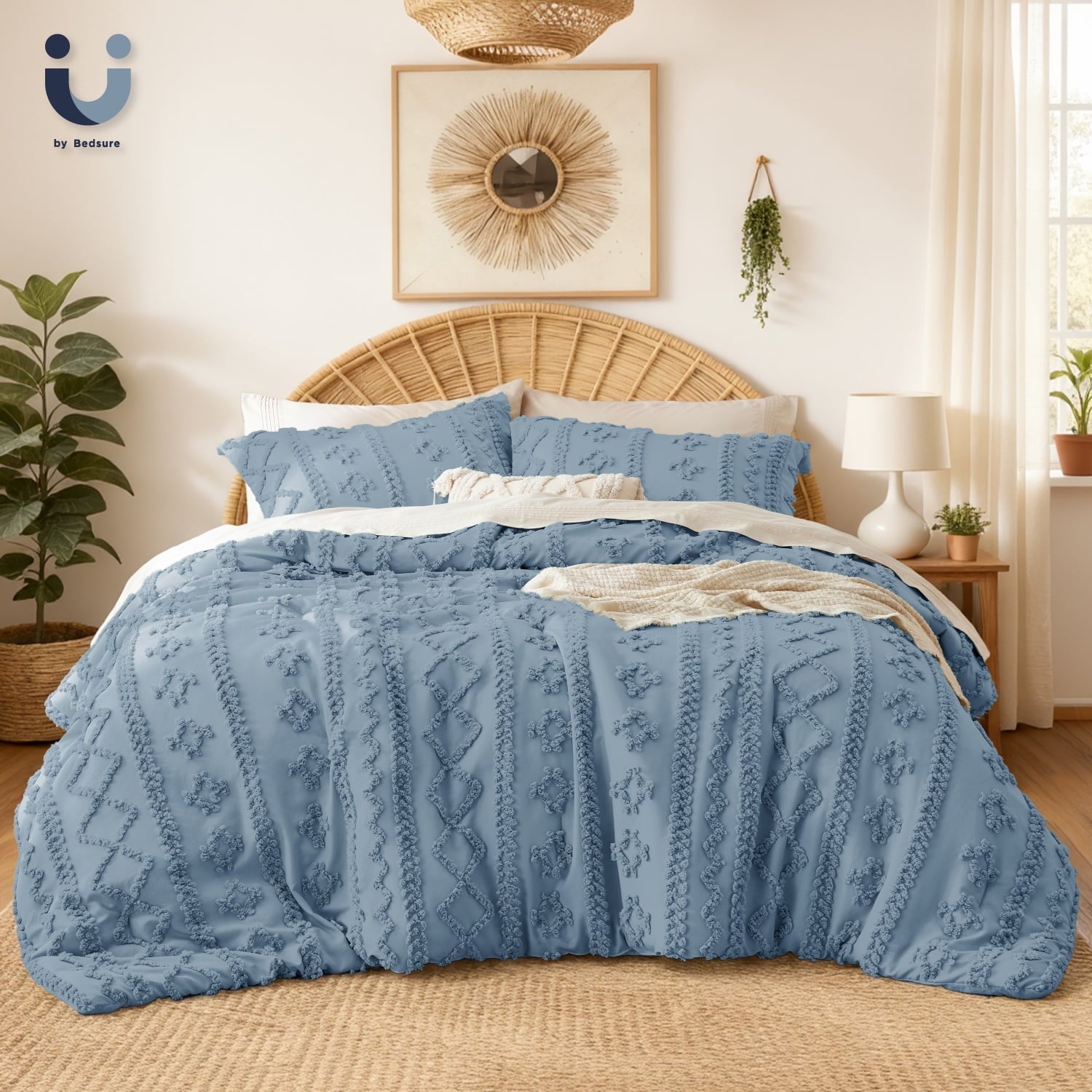 U by Bedsure Tufted Boho Comforter Set Queen, Beige, 3 Pieces Farmhouse Shabby Chic Embroidery Bed Set, Soft Jacquard Comforter for All Seasons