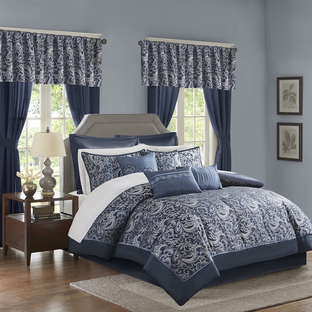 Regency Heights 24PCs Traditional Paisley Jacquard Comforter Set with Window Curtains,Room in a Bag,Queen,24 Pieces-Navy