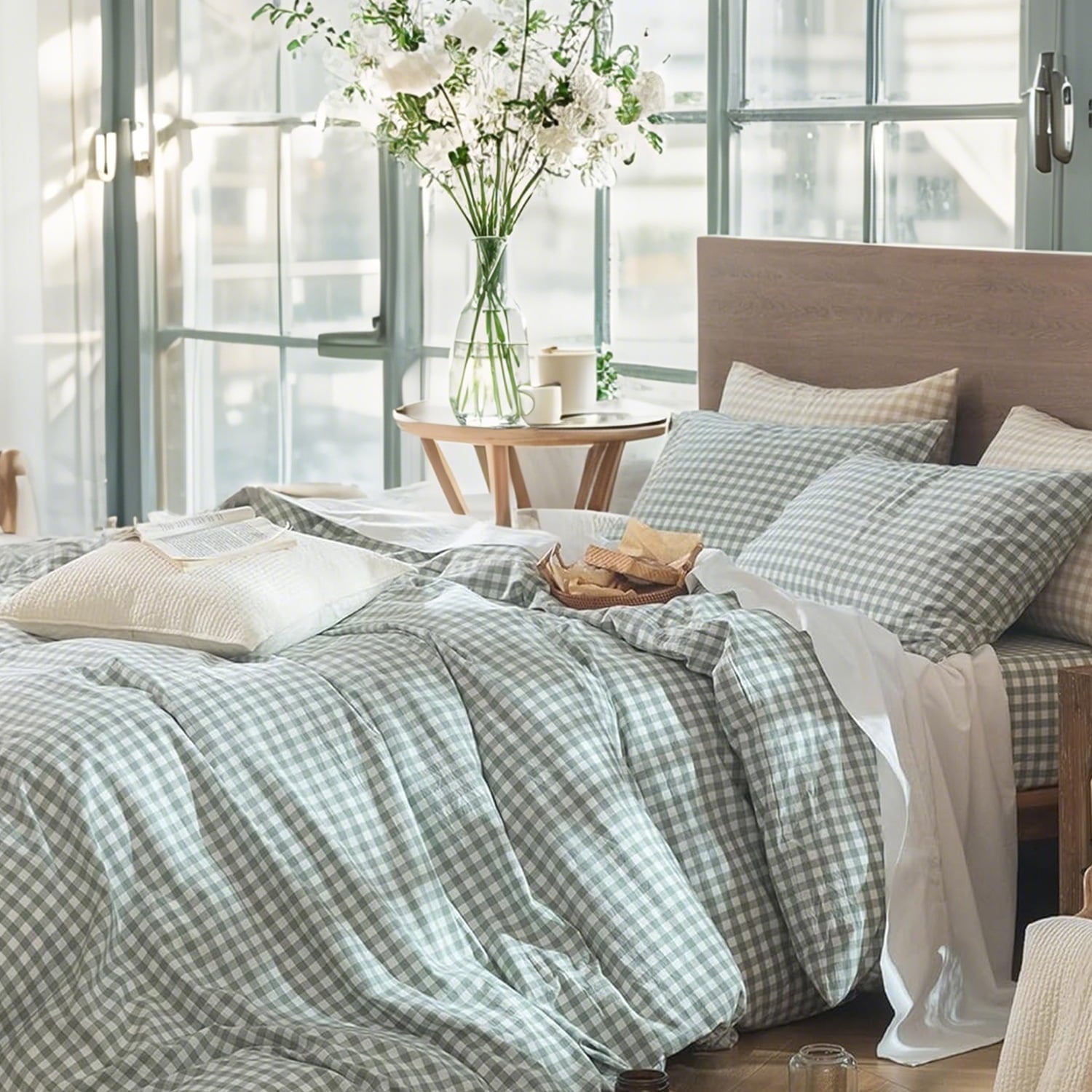 NAYOROOM 100% Organic Cotton Gingham Duvet Cover Queen Set, 3-Piece Linen Like Textured Breathable Soft Bedding Cover (Dark Green Gingham)