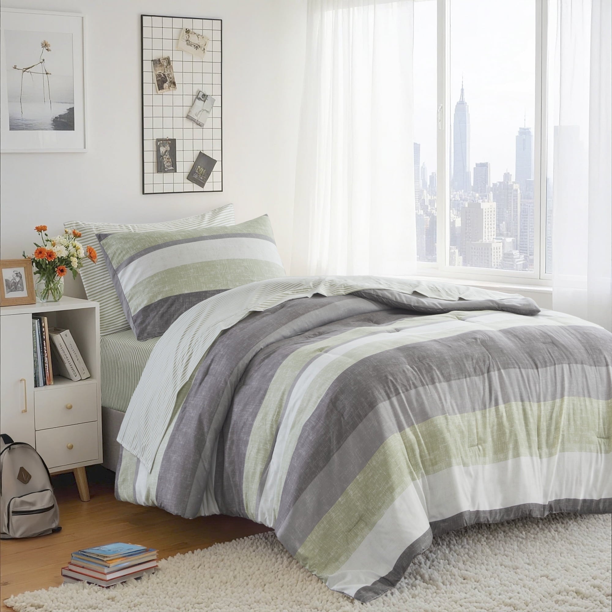 Regency Heights 5 Piece Stripe Comforter Set, Twin Size Bed in a Bag Bedding Set for Dorm Room, Comforter Bed Set with Flat Sheet and Fitted Sheet, Blue Grey