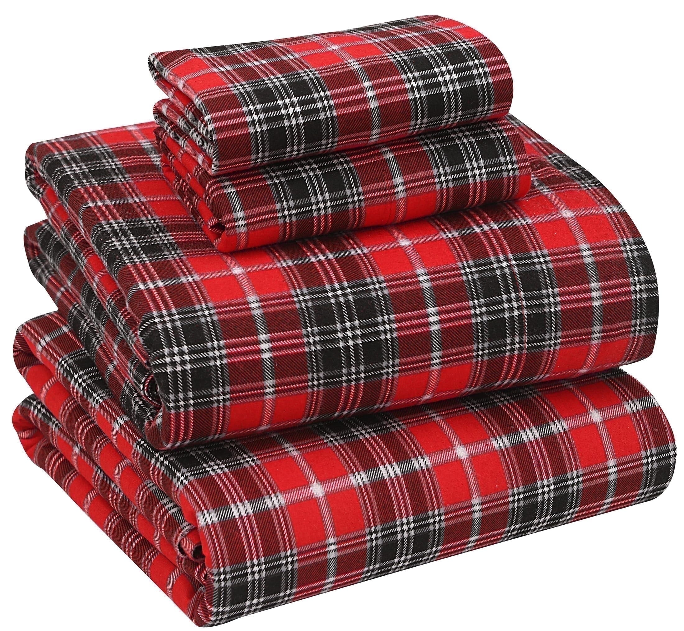 RUVANTI Flannel Sheets Queen Size - 100% Cotton Double Brushed Bed Sheets, Deep Pockets 16 Inches Queen Sheet Set, All Seasons Breathable & Extra Soft - Warm & Cozy, 4 Piece, Red Plaid