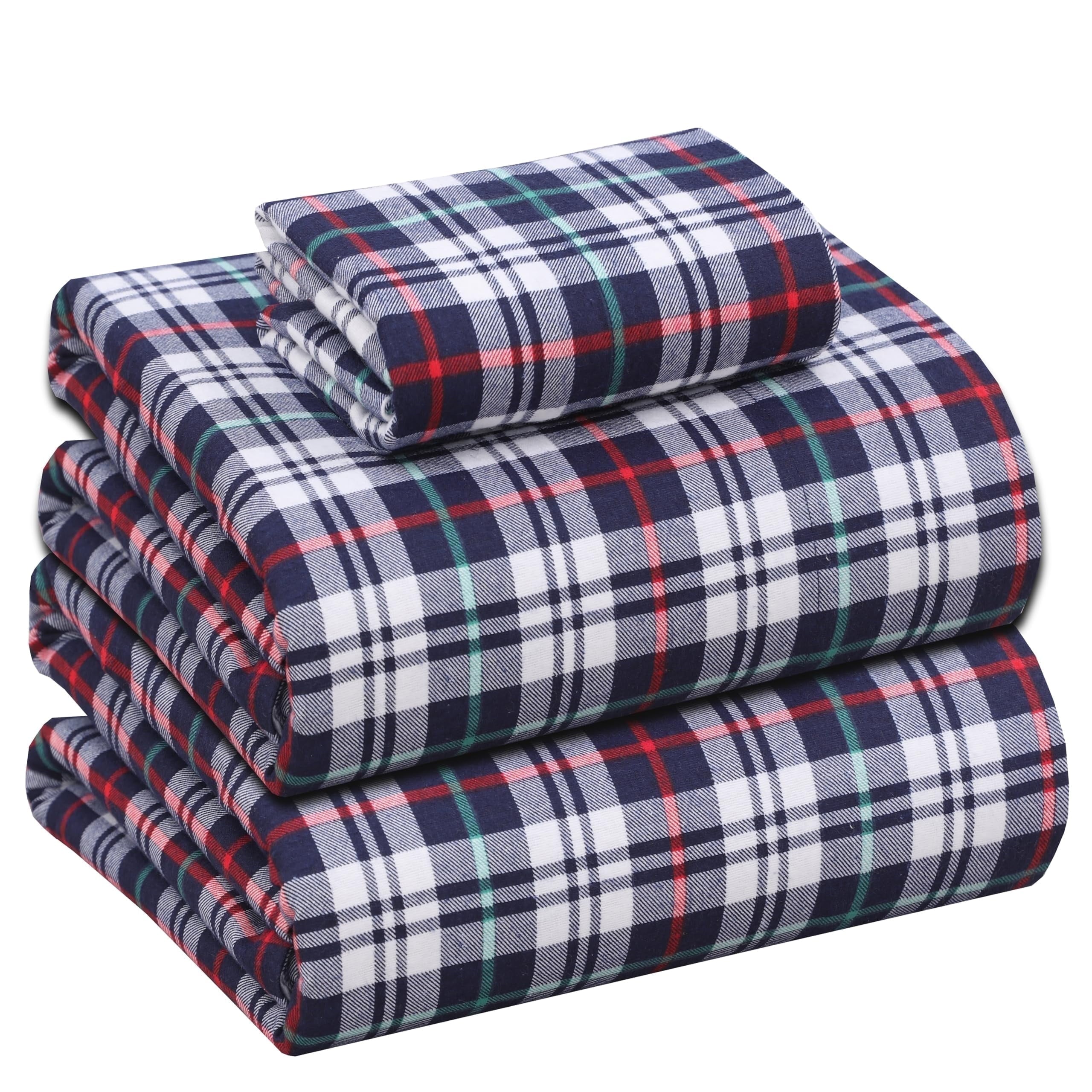 RUVANTI Flannel Sheets Queen Size - 100% Cotton Double Brushed Bed Sheets, Deep Pockets 16 Inches Queen Sheet Set, All Seasons Breathable & Extra Soft - Warm & Cozy, 4 Piece, Red Plaid