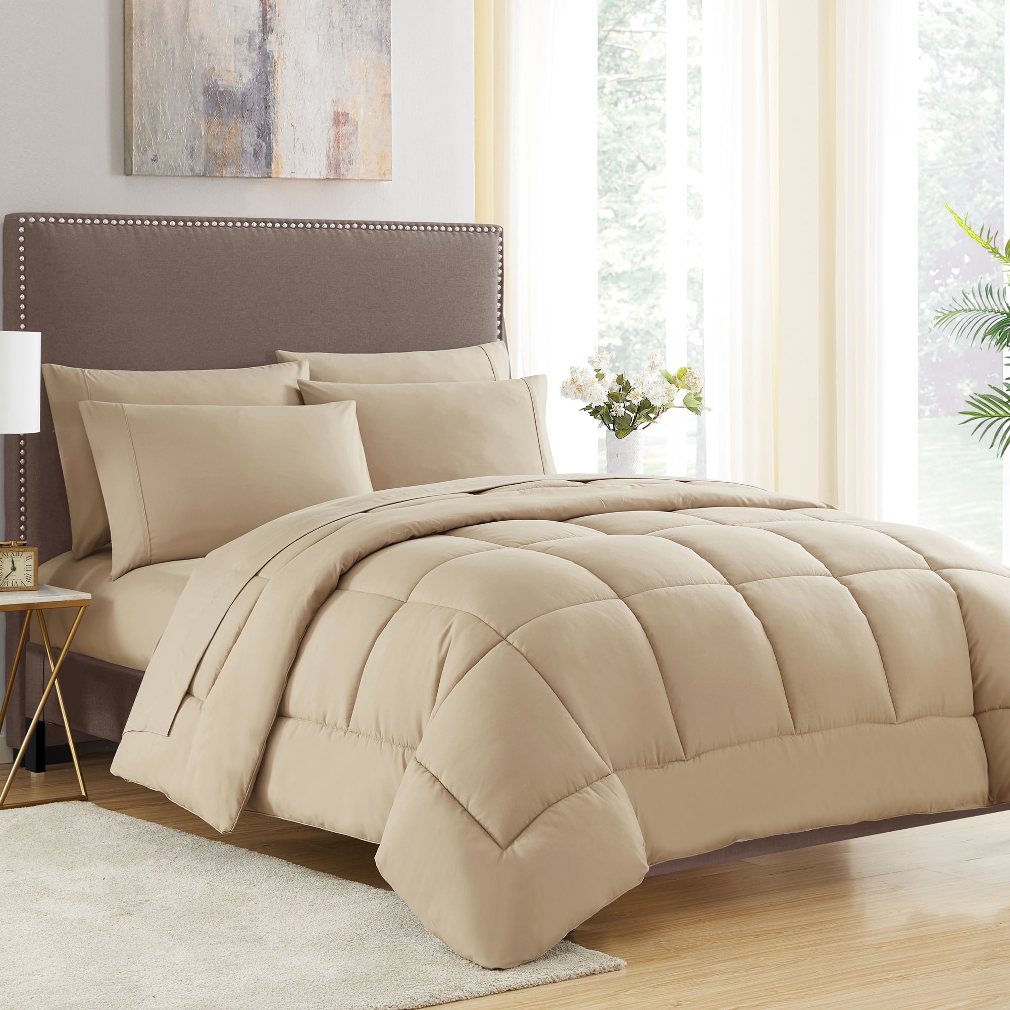 Supreme 5 Piece Bed-In-A-Bag All Season Solid Comforter & Sheet Set, Twin Extra-Long, Beige