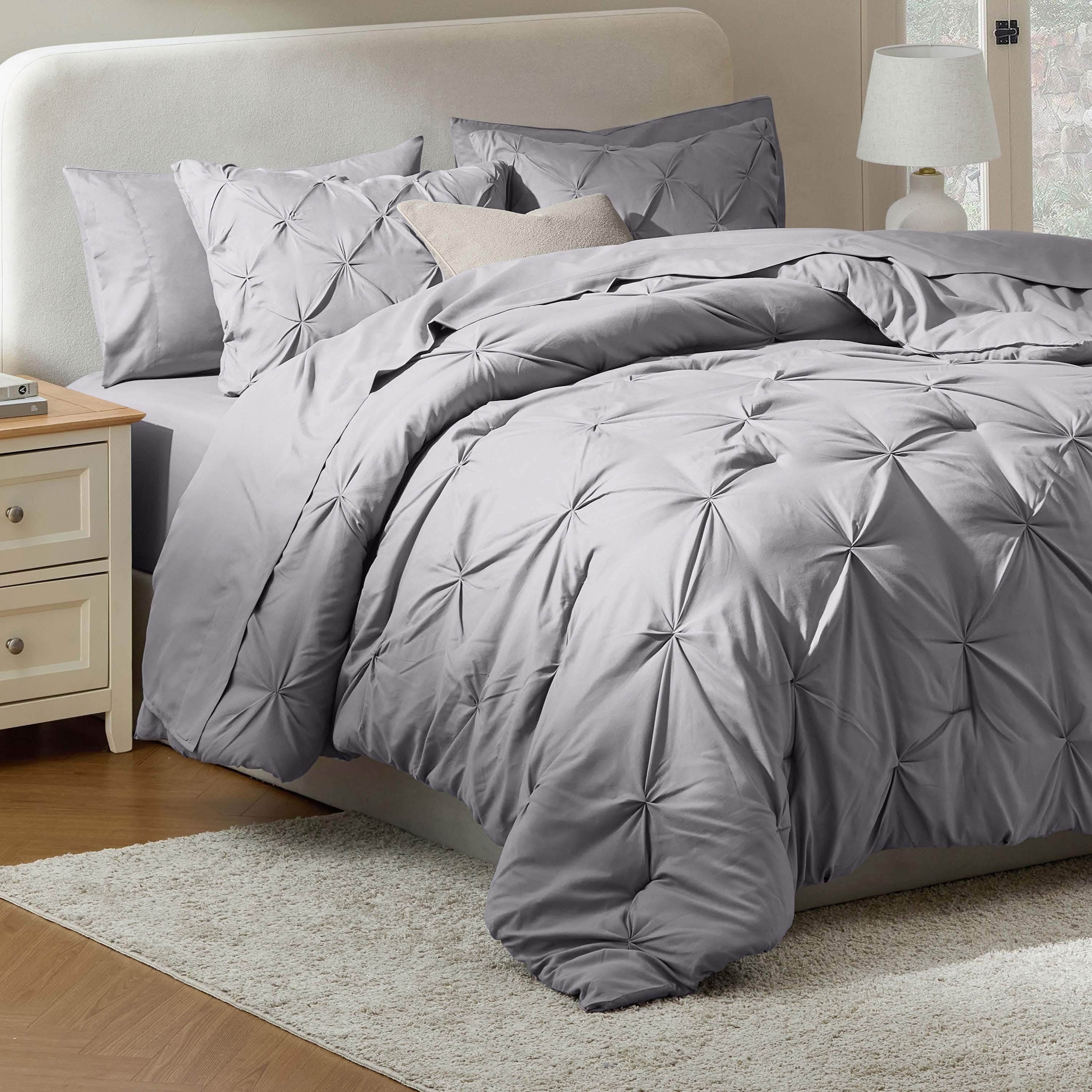 Virtu Queen Comforter Set, 7pc Bed in a Bag, Pleated Bedding Comforter Sets Queen, Gray/Silver