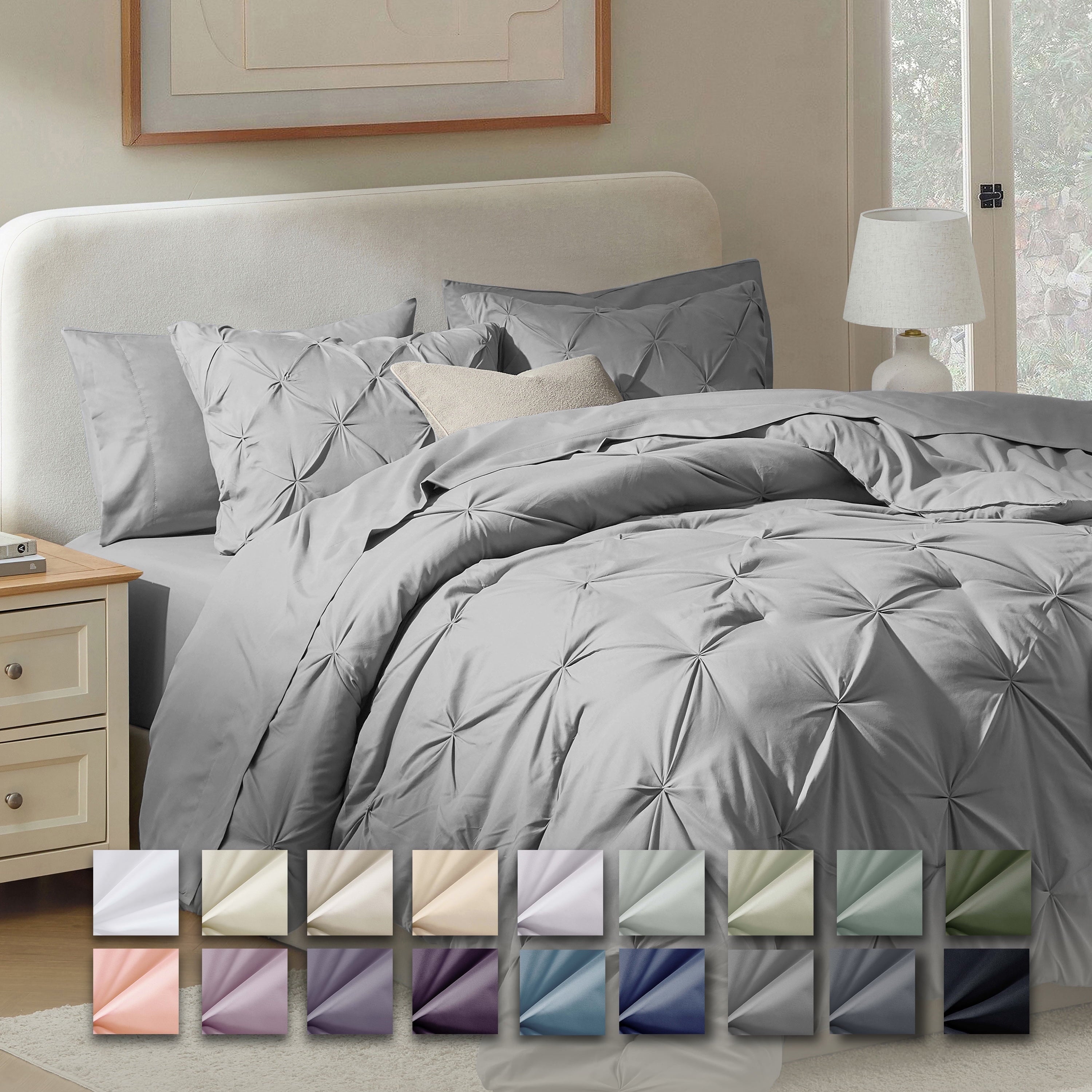 Virtu Queen Comforter Set, 7pc Bed in a Bag, Pleated Bedding Comforter Sets Queen, Gray/Silver