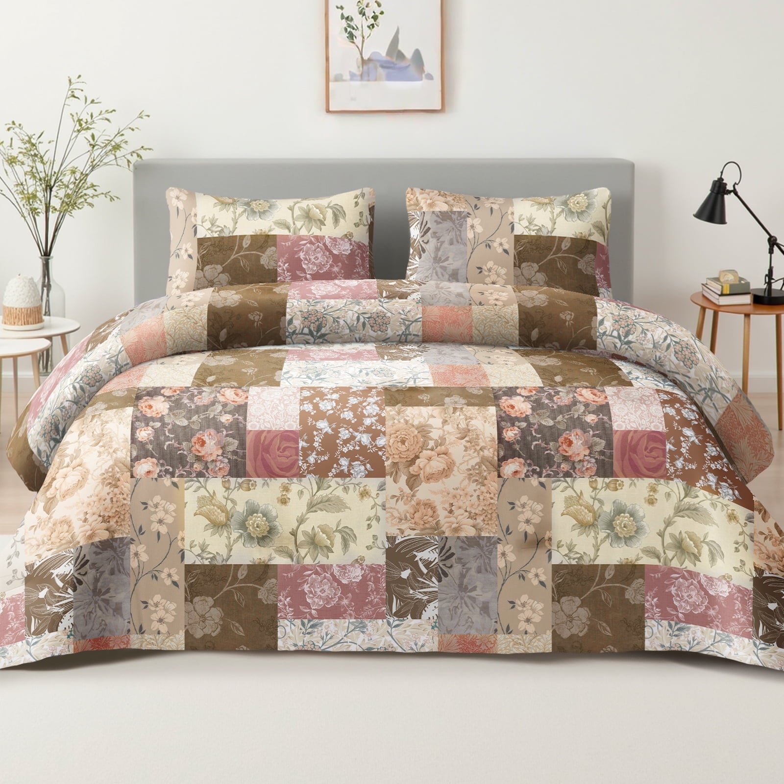 Whale Flotilla 3-Piece King Comforter Set, Soft Reversible Bedding Comforter Sets, Patchwork Printed Down Alternative Comforter Duvet for All Seasons, Grey