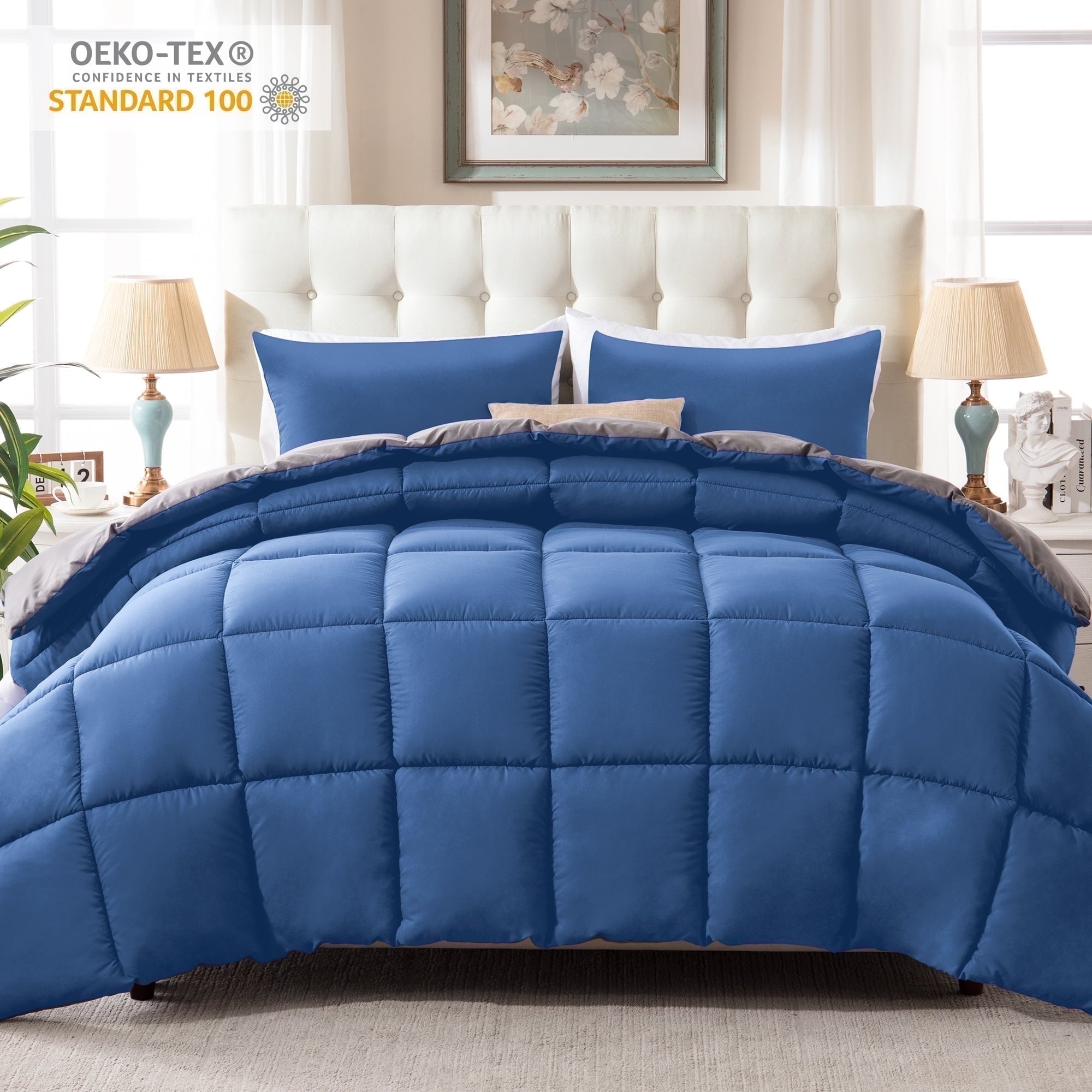 Yalamila Queen Size Comforter Set 3-Piece All-Season Down Alternative Reversible Comforter Set,Black/Grey,200GSM Cooling Quilted Duvet Insert,95 GSM Soft Cover Bed in a Bag