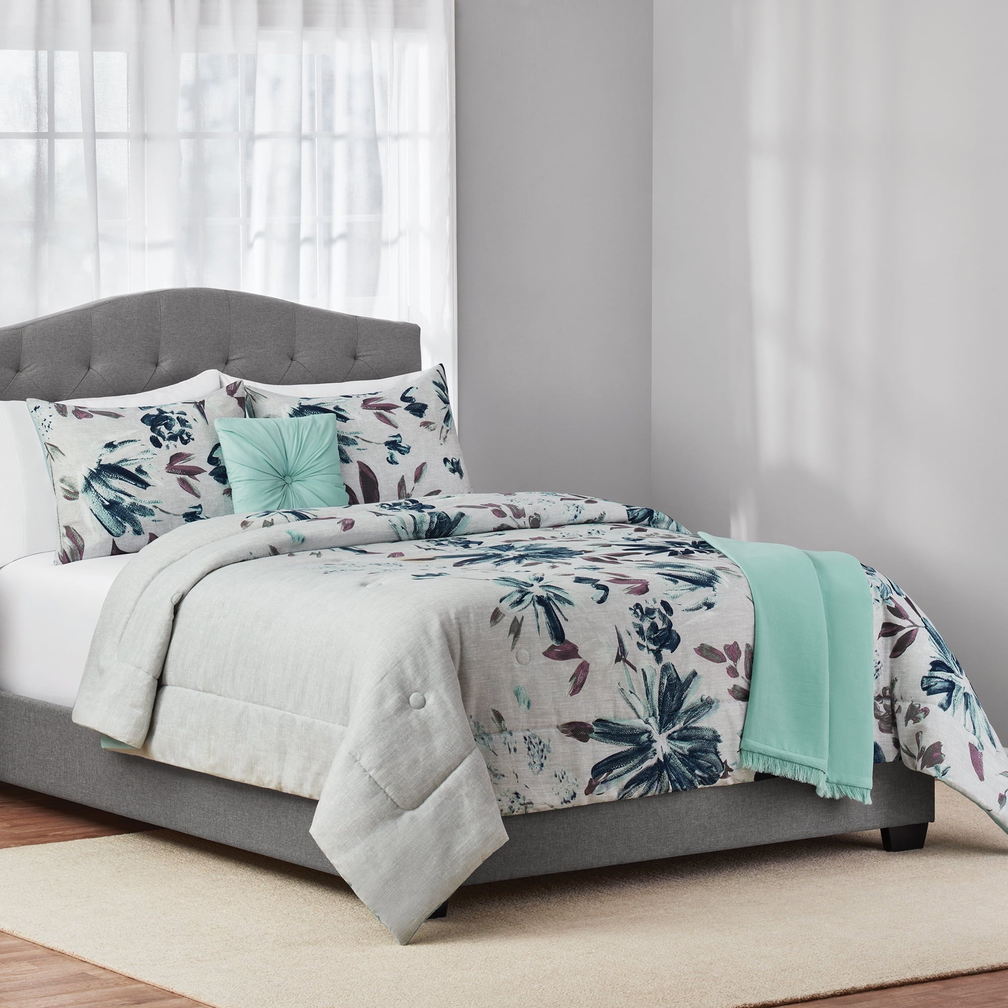 Mainstays 5-Piece Blue Floral Comforter Set, Full/Queen
