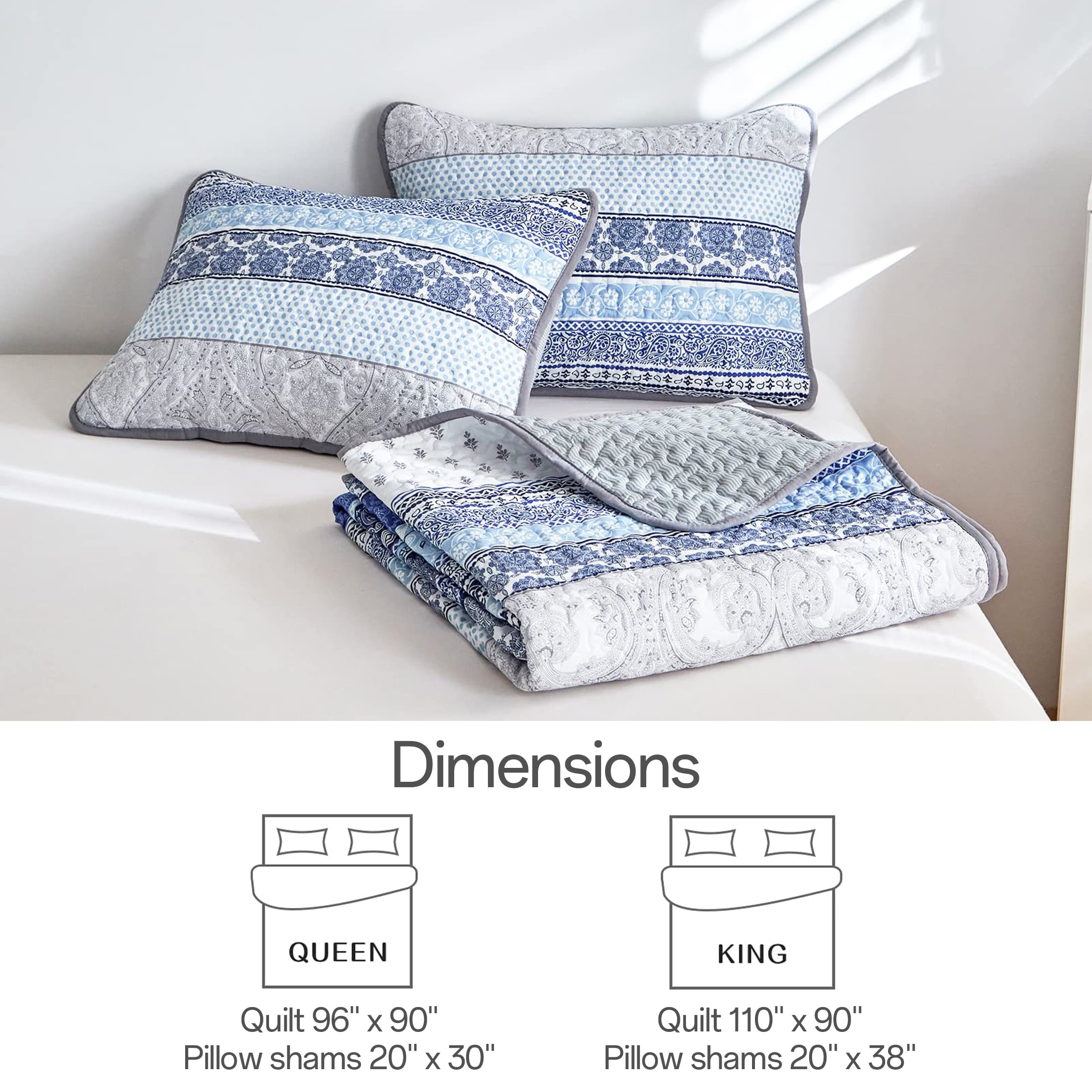 Dintszyayue Bohemian Quilt Set Queen Size,Blue Stripe 1Bedspread and 2Pillowcase Lightweight Adult(90"x96")