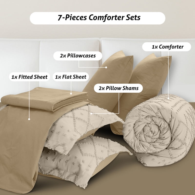 JUSTLET Comforter Set 7 Pieces Bed in a Bag, Beige Reversible Tufted Bedding Set with Comforter, Fitted Sheet, Flat Sheet, Pillow Shams, Pillowcases, Queen