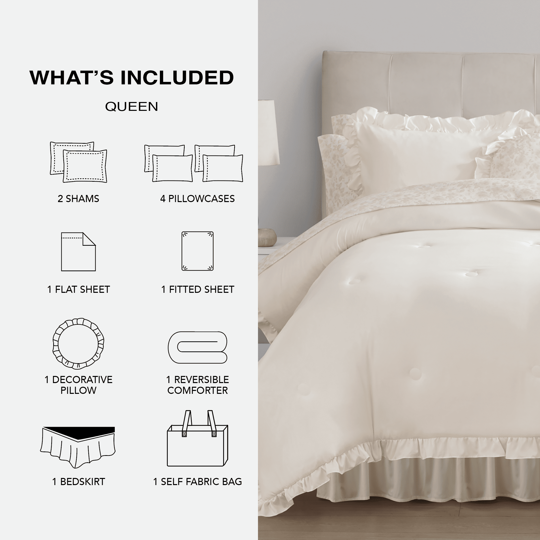Mainstays 11-Piece Bed in a Bag Comforter Set with Sheets, Cream Ruffle, Queen