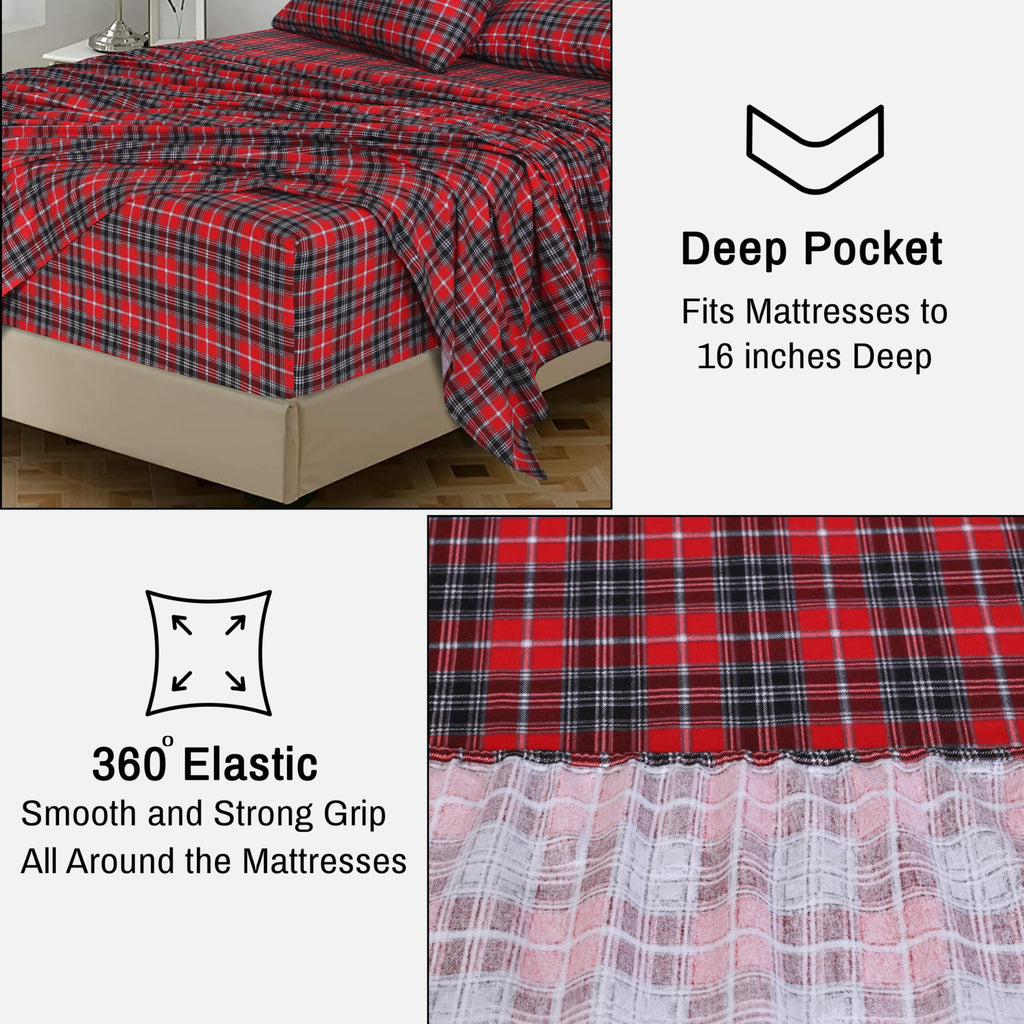 RUVANTI Flannel Sheets Queen Size - 100% Cotton Double Brushed Bed Sheets, Deep Pockets 16 Inches Queen Sheet Set, All Seasons Breathable & Extra Soft - Warm & Cozy, 4 Piece, Red Plaid