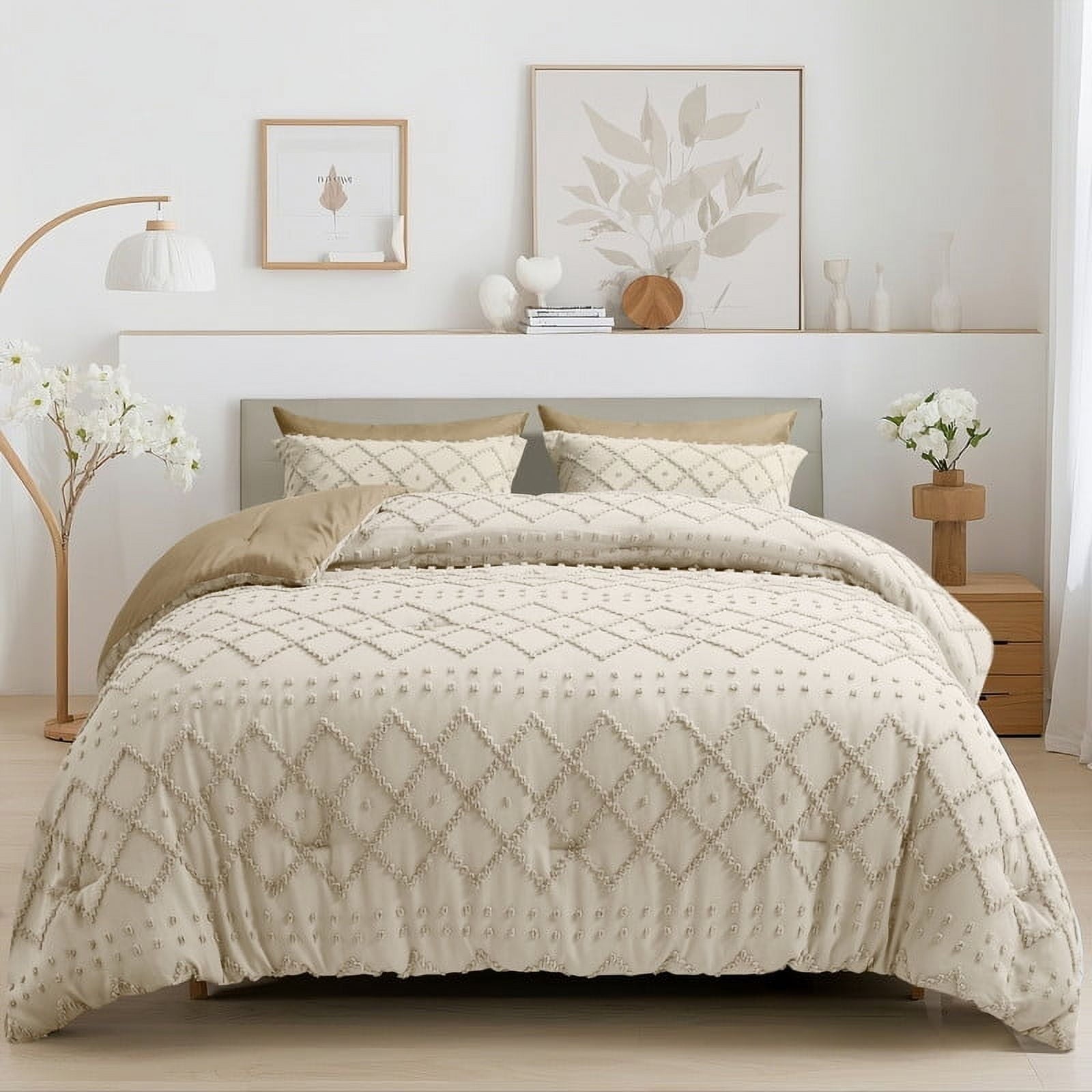 JUSTLET Comforter Set 7 Pieces Bed in a Bag, Beige Reversible Tufted Bedding Set with Comforter, Fitted Sheet, Flat Sheet, Pillow Shams, Pillowcases, Queen