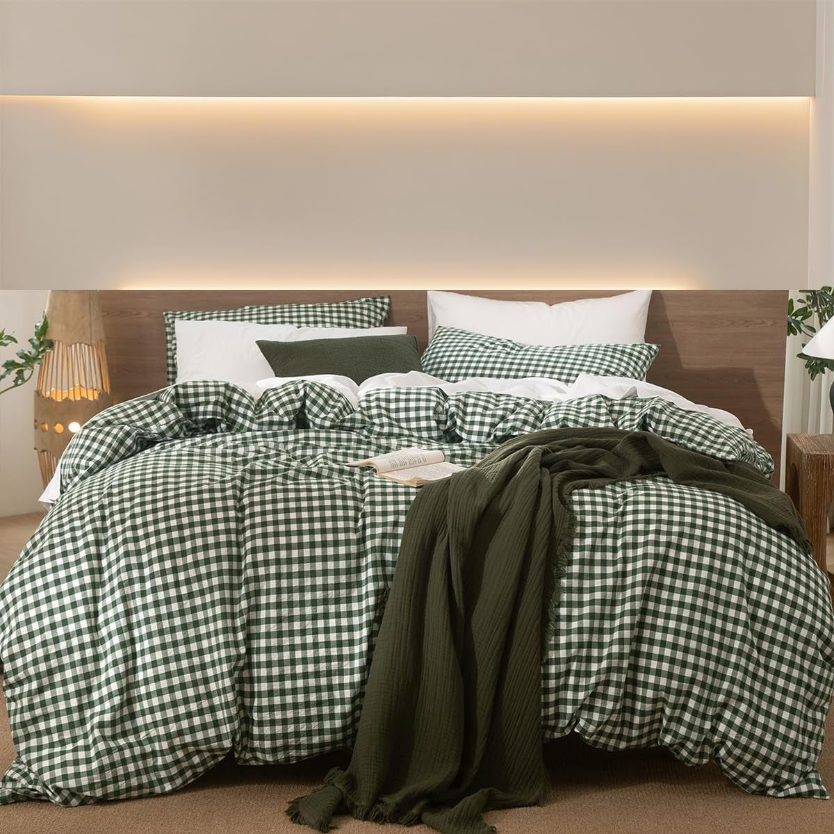 NAYOROOM 100% Organic Cotton Gingham Duvet Cover Queen Set, 3-Piece Linen Like Textured Breathable Soft Bedding Cover (Dark Green Gingham)